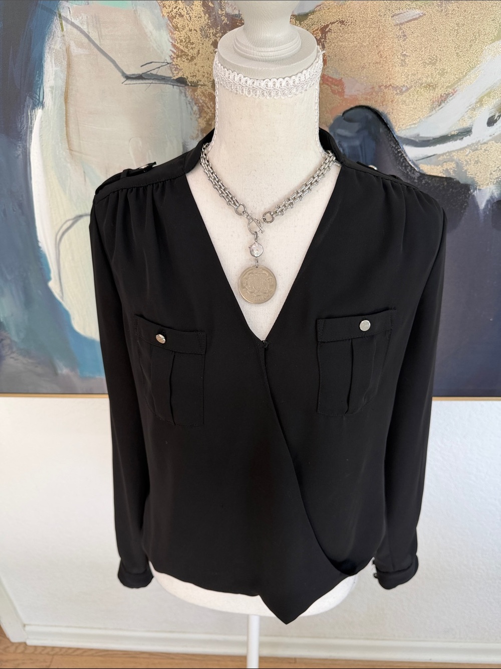 White House Black Market Black V-Neck Surplice Blouse